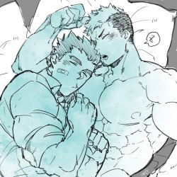 Rule 34 | 2boys, abs, bad id, bad pixiv id, bara, blue theme, blush, commentary request, couple, cuddling, facial hair, goatee, head on chest, highres, ikusaba daisuke, large pectorals, male focus, manly, protagonist 3 (housamo), multiple boys, muscular, nipples, pectorals, saliva, short hair, sketch, sleeping, sleeping on person, taurus mask, tokyo houkago summoners, topless male, torawar, upper body, yaoi