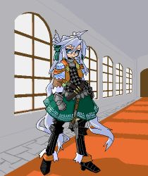 Rule 34 | 1girl, armor, arms at sides, belt, black footwear, blue eyes, boots, bow, carpet, clenched hand, closed mouth, day, full body, gauntlets, green bow, green skirt, hair between eyes, hair bow, hallway, indoors, long hair, long sleeves, looking at viewer, lowres, mof, mof&#039;s silver haired twintailed girl, oekaki, original, silver hair, skirt, solo, standing, sunlight, thigh boots, thighhighs, tsurime, twintails, very long hair, window
