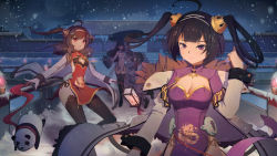 Rule 34 | 4girls, absurdres, ahoge, anchor hair ornament, azur lane, black hair, black legwear, blunt bangs, blush, breasts, brown hair, china dress, chinese clothes, cleavage, cleavage cutout, closed eyes, closed mouth, clothing cutout, detached sleeves, dress, flower, fur-trimmed jacket, fur trim, hair between eyes, hair flower, hair ornament, hair rings, hairband, hairclip, hairpods, hand up, highres, holding, holding umbrella, huge filesize, jacket, long hair, long sleeves, looking at another, looking at viewer, medium breasts, multiple girls, ning hai (azur lane), open mouth, outdoors, panda, pelvic curtain, ping hai (azur lane), purple dress, purple eyes, red dress, red eyes, short hair, slit pupils, small breasts, smile, tai yuan (azur lane), thighhighs, twintails, umbrella, white dress, white hairband, white jacket, wide sleeves, xiaoxiao nanjue buyaokeng, yat sen (azur lane)