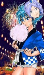 Rule 34 | 00s, 10s, 1girl, artist request, blue eyes, blue hair, cotton candy, cure berry, female focus, fireworks, fresh precure!, mask, matching hair/eyes, nishijima waon, outdoors, precure, short hair, short shorts, shorts, sky, solo, suite precure