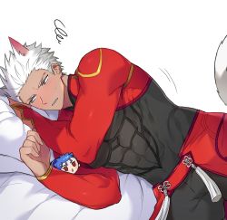 Rule 34 | 2boys, abs, animal ears, archer (fate), armor, bed, bed sheet, biceps, blush, cat ears, cat tail, coat, collared coat, compression shirt, cu chulainn (fate), dark-skinned male, dark skin, fate/stay night, fate (series), feet out of frame, green eyes, highres, looking to the side, lying, male focus, mature male, multiple boys, muscular, muscular male, on side, pectorals, seum (kao husband), short hair, simple background, spiked hair, sweat, sweatdrop, tail, tight clothes, white background, white hair