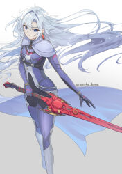 Rule 34 | 1girl, a (xenoblade), absurdres, blue eyes, cape, closed mouth, collared cape, earrings, expressionless, female focus, hair between eyes, hair flowing over, hair intakes, highres, holding, holding sword, holding weapon, jewelry, long hair, looking at viewer, messy hair, monado, simple background, single earring, solo, sword, very long hair, weapon, white background, xenoblade chronicles (series), xenoblade chronicles 3, xenoblade chronicles 3: future redeemed, yanagimachi