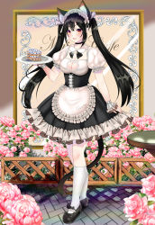 Rule 34 | 1girl, absurdres, alternate costume, animal ear fluff, animal ears, apron, black hair, breasts, cake, cat, cat ears, cat girl, cleavage, dress, enmaided, flower, food, highres, large breasts, maid, maid apron, maid cafe, maid headdress, open mouth, original, socks, tail, twintails, user dggy2758