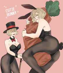 Rule 34 | 1girl, alternate costume, animal ears, ass, black collar, black headwear, black leotard, black pantyhose, blonde hair, bow, bowtie, breasts, cane, carrot-shaped pillow, cleavage, closed mouth, collar, commentary request, dated commentary, detached collar, english text, fake animal ears, fake tail, feet out of frame, genderswap, genderswap (mtf), hat, higekiri (touken ranbu), large breasts, leotard, hugging object, open mouth, pantyhose, pillow, pillow hug, pink background, playboy bunny, rabbit ears, rabbit tail, red bow, red bowtie, short hair, smile, sparkle, strapless, strapless leotard, tail, top hat, touken ranbu, yellow eyes, zi tsas