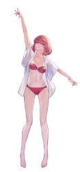 Rule 34 | 1girl, absurdres, arm up, bare legs, barefoot, bikini, bracelet, breasts, character request, cleavage, closed mouth, collarbone, commentary, copyright request, full body, highres, jewelry, lips, mac star, medium breasts, open clothes, open shirt, original, pink eyes, pink hair, red bikini, shirt, short hair, short sleeves, simple background, solo, swimsuit, thick eyebrows, wet, white background, white shirt