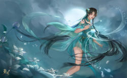 Rule 34 | 1girl, absurdres, artist request, baiguio (zhu xian), bare legs, brown hair, closed mouth, cloud, cloudy sky, detached collar, dress, facial mark, falling petals, floating, floating object, flower, forehead mark, green dress, hair ornament, highres, long hair, looking to the side, lotus, moon, petals, second-party source, see-through, see-through sleeves, sky, smile, solo, twintails, zhu xian