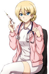 Rule 34 | 1girl, absurdres, alternate costume, blonde hair, blue eyes, braid, cardigan, chair, closed mouth, collared dress, commentary, crossed legs, darjeeling (girls und panzer), dress, girls und panzer, highres, holding, holding syringe, looking at viewer, office chair, omachi (slabco), on chair, open cardigan, open clothes, pencil dress, pink cardigan, short dress, short hair, simple background, sitting, smile, solo, stethoscope, swivel chair, syringe, thighhighs, twin braids, white background, white dress, white thighhighs