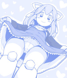 Rule 34 | 1girl, bad id, bad pixiv id, blue theme, blush, done (donezumi), from below, heart, joints, looking at viewer, looking down, mecha musume, mega man (classic), mega man (series), monochrome, panties, pantyshot, robot joints, roll (mega man), smile, solo, thigh gap, underwear, upskirt