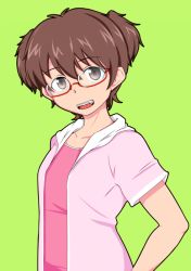 Rule 34 | 1girl, aged down, alisa (girls und panzer), bespectacled, braces, brown eyes, brown hair, commentary, freckles, girls und panzer, glasses, green background, head tilt, looking at viewer, open mouth, pink shirt, red-framed eyewear, semi-rimless eyewear, shirt, short hair, short sleeves, short twintails, simple background, smile, solo, tanaka rikimaru, twintails, under-rim eyewear, upper body