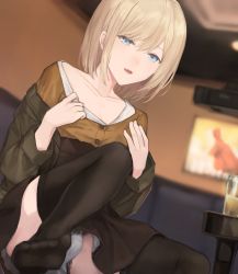 Rule 34 | 1boy, :d, alcohol, black dress, black thighhighs, blonde-haired boy (sunaba (nczd5875)), blonde-haired boy (sunaba (nczd5875)), blonde hair, blue eyes, blurry, blurry background, blush, bob cut, brown shirt, bulge, collarbone, crossdressing, cup, depth of field, dress, drinking glass, feet, garter straps, glass, green jacket, hair between eyes, indoors, jacket, lace trim, leg up, long sleeves, looking at viewer, male focus, medium hair, no shoes, off shoulder, open clothes, open mouth, panties, pantyshot, shirt, sitting, skirt, smile, soles, solo, sunaba (nczd5875), table, teeth, television, thighhighs, thighs, toes, trap, underwear, undressing, upper teeth only, upskirt, white panties