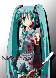 Rule 34 | 00s, 1girl, aqua hair, arms at sides, asai ichiko, blood, blood on face, blouse, collared shirt, crossover, frilled shirt, frills, gradient background, grey background, grey shirt, hatsune miku, long hair, meme, nice boat (meme), school days, shirt, shoulder tattoo, sleeveless, sleeveless shirt, solo, spring onion, tattoo, thighhighs, twintails, very long hair, vocaloid, yandere