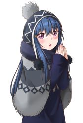 Rule 34 | 1girl, absurdres, blue coat, blue hair, coat, highres, jan azure, long hair, long sleeves, looking at viewer, own hands together, parted lips, purple eyes, shima rin, sleeves past wrists, solo, yurucamp