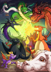 Rule 34 | breath weapon, breathing fire, brown eyes, charizard, claws, commentary request, creature, creatures (company), crossover, dragon, dragon ball, eastern dragon, eye contact, falkor, fiery tail, fire, flying, game freak, gen 1 pokemon, green eyes, haku (sen to chihiro no kamikakushi), horns, how to train your dragon, looking at another, looking at viewer, maleficent, mulan, multiple crossover, mushu (disney), nintendo, no humans, on shoulder, outdoors, pokemon, pokemon (creature), red eyes, risachantag, sen to chihiro no kamikakushi, sharp teeth, shenron (dragon ball), signature, sitting, sky, sleeping beauty, smaug, spyro (series), standing, tail, teeth, the hobbit, the neverending story, tolkien&#039;s legendarium, tolkien's legendarium, toothless, trait connection, watermark, web address, western dragon, wings, yellow eyes