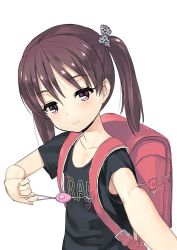 Rule 34 | 1girl, backpack, bag, black bow, black shirt, blush, bow, brown hair, closed mouth, clothes writing, collarbone, commentary request, crime prevention buzzer, english text, hair between eyes, hair bow, head tilt, heart, jiji (aardvark), long hair, looking at viewer, original, purple eyes, randoseru, shirt, short sleeves, simple background, smile, solo, t-shirt, twintails, upper body, white background