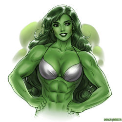 Rule 34 | 1girl, abs, absurdres, bikini, bikini top only, breasts, cleavage, collaboration, colored skin, curly hair, daekazu, elee0228, eyebrows, green eyes, green hair, green lips, green skin, hands on own hips, highres, jennifer walters, lips, lipstick, long hair, makeup, marvel, matching hair/eyes, muscular, muscular female, navel, nose, she-hulk, smile, solo, swimsuit, upper body