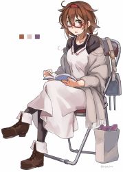 Rule 34 | 1girl, alternate costume, bespectacled, book, boots, brown eyes, brown footwear, brown hair, chair, collarbone, color guide, food, glasses, hair between eyes, hair flaps, highres, holding, holding book, kantai collection, long hair, long sleeves, low twintails, machinery, open mouth, pantyhose, red-framed eyewear, rigging, shiratsuyu (kancolle), shiratsuyu kai ni (kancolle), sitting, solo, sugue tettou, sweet potato, turret, twintails, twitter username