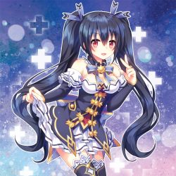 Rule 34 | 1girl, :d, bare shoulders, black hair, breasts, choker, cleavage, detached collar, detached sleeves, frilled skirt, frills, garter straps, hair between eyes, hair ribbon, leaning forward, long hair, looking at viewer, medium breasts, narinn, neptune (series), noire (neptunia), open mouth, red eyes, ribbon, ribbon-trimmed skirt, ribbon choker, ribbon trim, skirt, skirt hold, smile, solo, thighhighs, twintails, very long hair, white skirt