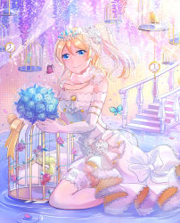 Rule 34 | 10s, 1girl, absurdres, ayase eli, bad id, bad pixiv id, bird, birdcage, blonde hair, blue eyes, bouquet, breasts, bride, bug, butterfly, cage, dress, elbow gloves, flower, gloves, highres, bug, long hair, looking at viewer, love live!, love live! school idol festival, love live! school idol project, medium breasts, ponytail, ripples, smile, solo, thighhighs, tiara, wedding dress, xinghuo