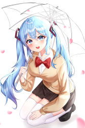 Rule 34 | 1girl, absurdres, alternate costume, aqua eyes, aqua hair, black footwear, blazer, blush, bow, bowtie, breasts, educk, from above, full body, hair between eyes, hatsune miku, highres, jacket, kneeling, large breasts, long sleeves, looking at viewer, miniskirt, open mouth, petals, pleated skirt, school uniform, shirt, sidelocks, skirt, smile, thighhighs, twintails, umbrella, v-neck, vocaloid, white shirt, white thighhighs, zettai ryouiki