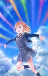 1girl 4ding :d absurdres blue_jacket blue_sky blush cloud collared_shirt commentary cumulonimbus_cloud dress dress_shirt grey_dress highres jacket long_sleeves love_live! love_live!_superstar!! medium_hair neck_ribbon open_clothes open_jacket open_mouth orange_hair pinafore_dress purple_eyes red_ribbon ribbon school_uniform shibuya_kanon shirt short_dress sky sleeveless sleeveless_dress smile solo swept_bangs teeth twitter_username upper_teeth_only white_shirt winter_uniform yuigaoka_school_uniform