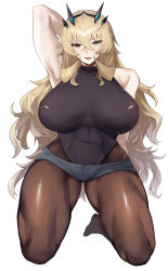 Rule 34 | 1girl, abs, absurdres, bare shoulders, blonde hair, breasts, barghest (fate), fate/grand order, fate (series), green eyes, heterochromia, highres, horns, kataku musou, large breasts, long hair, looking at viewer, muscular, muscular female, open mouth, red eyes, smile, solo, thick thighs, thighs