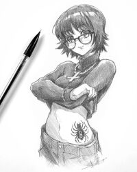 Rule 34 | 1girl, art tools in frame, clothes lift, commentary, cross, cross necklace, english commentary, glasses, graphite (medium), head tilt, highres, hunter x hunter, jewelry, looking at viewer, mechanical pencil, midriff, navel, necklace, pants, pencil, photo (medium), shizuku murasaki, short hair, signature, solo, spider tattoo, stomach tattoo, supbirdy, sweater, sweater lift, tattoo, traditional media, turtleneck, turtleneck sweater, white background