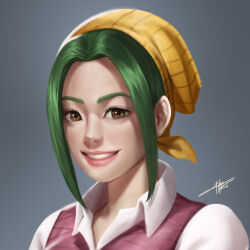Rule 34 | 1girl, absurdres, bandana, brown eyes, green hair, head scarf, highres, ijabart, looking at viewer, makino (one piece), one piece, portrait, realistic, short hair, signature, simple background, smile, solo, teeth