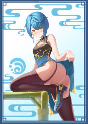 Rule 34 | 1boy, absurdres, artist request, ass, bare shoulders, blue hair, blush, breasts, china dress, chinese clothes, cleavage, dress, earrings, embarrassed, garter straps, genshin impact, hifi, high heels, highres, jewelry, leg up, legs, looking at viewer, panties, short hair, small breasts, solo, thighhighs, trap, underwear, xingqiu (genshin impact), yellow eyes