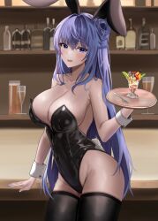 Rule 34 | 1girl, absurdres, animal ears, bar (place), bare arms, bare shoulders, black leotard, black thighhighs, blue eyes, blue hair, braid, breasts, cleavage, collarbone, commission, covered navel, cowboy shot, fake animal ears, fake tail, fakey, groin, hair bun, highleg, highleg leotard, highres, large breasts, leotard, nail polish, open mouth, original, parfait, playboy bunny, rabbit ears, rabbit tail, solo, spoon, strapless, strapless leotard, tail, thighhighs, thighs, tray, wrist cuffs