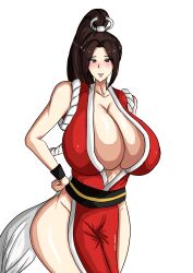 Rule 34 | absurdres, breasts, fatal fury, highres, huge breasts, long hair, ponytail, shioriichii, shiranui mai, solo, white background