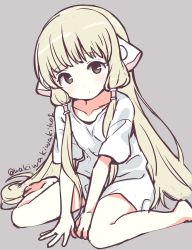 Rule 34 | 1girl, absurdres, arm support, bare legs, barefoot, between legs, blonde hair, brown background, brown eyes, chii, child, chobits, closed mouth, commentary request, hand between legs, head tilt, highres, long hair, neki (wakiko), robot ears, romaji commentary, shirt, short sleeves, simple background, sitting, sketch, solo, twitter username, very long hair, wariza, white shirt