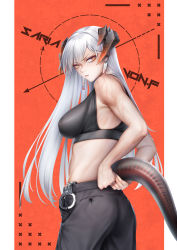 Rule 34 | 1girl, absurdres, arknights, arms behind back, black pants, black tank top, breasts, character name, closed mouth, crop top, cuffs, demon horns, earrings, feet out of frame, handcuffs, highres, horns, jewelry, lips, lizard tail, long hair, looking at viewer, looking to the side, medium breasts, orange eyes, pants, saria (arknights), scar, serious, sideboob, simple background, solo, standing, tail, tank top, von.franken, white hair