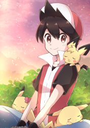 Rule 34 | 1boy, baseball cap, blush, brown eyes, brown hair, closed mouth, commentary request, creatures (company), game freak, gen 1 pokemon, gen 2 pokemon, hair between eyes, haru (haruxxe), hat, highres, jacket, looking at viewer, male focus, nintendo, on shoulder, pichu, pikachu, pokemon, pokemon (creature), pokemon adventures, pokemon on shoulder, popped collar, red (pokemon), red headwear, shirt, short hair, short sleeves, sitting, sleeping, smile, t-shirt, wristband