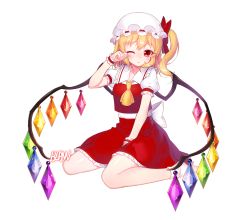 Rule 34 | 1girl, arm garter, artist name, ascot, blonde hair, blush, bow, eyebrows, flandre scarlet, full body, has bad revision, has cropped revision, hat, hat bow, hat ribbon, md5 mismatch, milcona, mob cap, one eye closed, puffy short sleeves, puffy sleeves, red bow, red eyes, red skirt, red vest, resolution mismatch, ribbon, rubbing eyes, short sleeves, side ponytail, simple background, sitting, skirt, skirt set, socks, solo, touhou, vest, wariza, white background, white bow, wings, wrist cuffs, yellow ascot