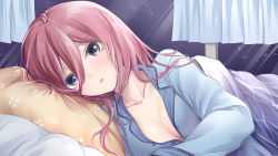 Rule 34 | 1girl, bed sheet, blanket, blue eyes, blush, breasts, cleavage, collarbone, curtains, go-toubun no hanayome, gou lianlian dogface, hair between eyes, highres, indoors, long hair, long sleeves, looking at viewer, lying, medium breasts, nakano miku, night, night sky, on bed, on side, pajamas, parted lips, partially unbuttoned, pillow, purple hair, sky, solo, under covers, upper body