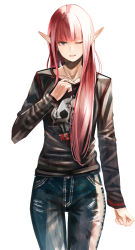Rule 34 | 1girl, black shirt, brown eyes, collarbone, cowboy shot, grey pants, jewelry, long hair, long sleeves, looking at viewer, one eye closed, open mouth, original, pants, pendant, pink hair, pointy ears, shirt, simple background, solo, standing, straight hair, sushi (sashimise), thigh gap, very long hair, white background
