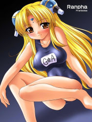 Rule 34 | 00s, 1girl, blonde hair, blush, breasts, brown eyes, character name, dutch angle, facial mark, forehead mark, galaxy angel, gradient background, hair ornament, hairclip, highres, large breasts, long hair, looking at viewer, ranpha franboise, school swimsuit, simple background, smile, solo, swimsuit