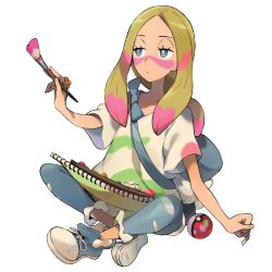 Rule 34 | 1girl, alolan boy, blonde hair, bright pupils, commentary request, creatures (company), facepaint, game freak, grey eyes, grey pants, hand up, holding, holding paintbrush, indian style, iribi you, jewelry, long hair, mina (pokemon), nintendo, notepad, official art, oversized clothes, oversized shirt, paintbrush, pants, poke ball, poke ball (basic), pokemon, pokemon sm, pokemon tcg, ring, shirt, shoes, short sleeves, simple background, sitting, sneakers, solo, spanish commentary, third-party edit, torn clothes, torn pants, white background, white pupils
