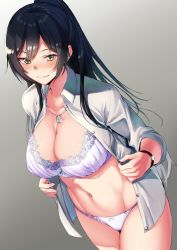 Rule 34 | 1girl, amano don, black hair, bra, bracelet, breasts, cleavage, collarbone, commentary, dog tags, dress shirt, earrings, from above, hair between eyes, high ponytail, highres, idolmaster, idolmaster shiny colors, jewelry, lace, large breasts, navel, no pants, open clothes, open shirt, panties, ponytail, purple bra, purple panties, school uniform, shirase sakuya, shirt, smile, solo, stomach, underwear, white shirt, yellow eyes