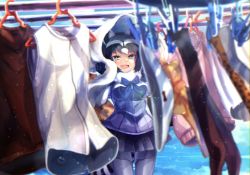 Rule 34 | 10s, 1girl, :d, animal ears, bad id, bad twitter id, black gloves, black hair, black skirt, blue sky, blurry, bow, bowtie, clothes hanger, clothes pin, common raccoon (kemono friends), day, depth of field, fur collar, gloves, grey hair, holding, holding towel, kemono friends, laundry, laundry pole, looking at viewer, miniskirt, multicolored hair, noah (noxxxmo), open mouth, outdoors, panties, pink sweater, pleated skirt, print legwear, raccoon ears, raccoon tail, serval print, skirt, sky, smile, solo, sweater, tail, towel, underwear, white hair