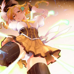 Rule 34 | 10s, 1girl, arms up, beret, blonde hair, blurry, brown thighhighs, corset, depth of field, detached sleeves, dress, drill hair, fingerless gloves, from below, gloves, glowing, gun, hair ornament, hairpin, hat, light particles, magical girl, mahou shoujo madoka magica, mahou shoujo madoka magica (anime), nerisuke, panties, pantyshot, pleated skirt, puffy sleeves, ribbon, rifle, shirt, skirt, solo, striped clothes, striped thighhighs, taut clothes, taut shirt, tears, thighhighs, tomoe mami, twin drills, twintails, underwear, upskirt, vertical-striped clothes, vertical-striped thighhighs, weapon, white panties, yellow eyes
