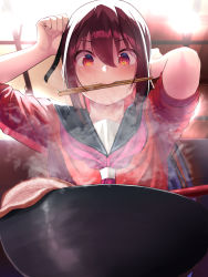 Rule 34 | 1girl, arms up, black sailor collar, blush, bowl, ceiling light, chopsticks, copyright request, food, from below, hair between eyes, highres, indoors, long hair, looking at viewer, looking down, meat, mouth hold, multicolored eyes, neckerchief, oekakizuki, pink eyes, pink neckerchief, purple hair, red shirt, sailor collar, school uniform, serafuku, shirt, sidelocks, sleeves pushed up, solo, steam, tareme, tying hair, upper body, yellow eyes