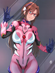 Rule 34 | 1girl, against fourth wall, against glass, blue eyes, bodysuit, breast press, breasts, breasts on glass, brown hair, covered navel, cowboy shot, glasses, highres, interface headset, island lagoon, large breasts, long hair, low twintails, makinami mari illustrious, neon genesis evangelion, pink bodysuit, plugsuit, rebuild of evangelion, red-framed eyewear, solo, twintails