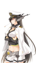 Rule 34 | 1girl, admiral (kancolle) (cosplay), admiral (kancolle), black hair, borrowed clothes, commentary request, cosplay, crossed arms, elbow gloves, gloves, headgear, highres, jacket, jacket on shoulders, kantai collection, long hair, nagato (kancolle), okitakung, red eyes, skirt, solo, thighhighs, very long hair