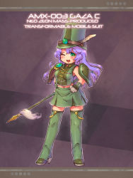 Rule 34 | 1girl, blush, boots, feathers, gaza-c, gloves, green eyes, gundam, gundam unicorn, hands on own hips, hat, high heels, mecha musume, midriff, military, navel, open mouth, polearm, purple hair, sankuma, shoes, skirt, sleeveless, solo, spear, text focus, thigh boots, thighhighs, wavy hair, weapon, wink
