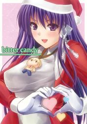 Rule 34 | 00s, 1girl, :d, blush, breasts, christmas, clannad, doll, fujibayashi kyou, gloves, heart, heart hands, highres, large breasts, long hair, open mouth, purple eyes, purple hair, sakagami umi, santa costume, shirt, smile, solo, sunohara youhei, taut clothes, taut shirt, white gloves