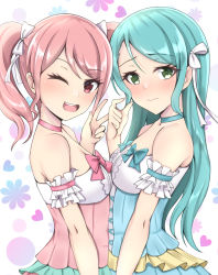 Rule 34 | 2girls, ;d, aqua choker, aqua dress, aqua hair, arm strap, asymmetrical docking, bang dream!, bare shoulders, blush, breast press, breasts, choker, closed mouth, commentary request, cosplay, dress, floral background, green eyes, hair between eyes, hair ribbon, hand up, heart, heart background, highres, hikawa hina, hikawa hina (cosplay), hikawa sayo, long hair, looking at viewer, maruyama aya, multiple girls, nanao (naoekaki25), nose blush, one eye closed, open mouth, pink choker, pink dress, pink eyes, pink hair, ribbon, sidelocks, small breasts, smile, standing, strapless, strapless dress, teeth, twintails, upper body, upper teeth only, v, white background
