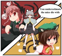 Rule 34 | 3girls, :&lt;, :3, aho, animal ears, basket, blonde hair, braid, brown eyes, brown hair, cat, cat ears, cat tail, chen, dowsing rod, earrings, english text, engrish text, fang, fangs, female focus, grey hair, hair ribbon, hat, highres, jewelry, kaenbyou rin, mouse (animal), mouse ears, mouse tail, multiple girls, multiple tails, nazrin, pendant, ranguage, red eyes, red hair, ribbon, short hair, tail, touhou, twin braids, twintails, what