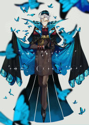 Rule 34 | 2boys, absurdres, albino (a1b1n0623), back-to-back, bad id, bad pixiv id, black gloves, black hair, blue eyes, bug, butterfly, facial hair, fate/grand order, fate (series), formal, full body, glasses, gloves, grey hair, high collar, highres, huge filesize, insect, james moriarty (archer) (fate), long sleeves, looking at viewer, male focus, multiple boys, mustache, pants, sherlock holmes (fate), shoes, smile, vest