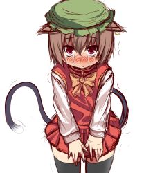 Rule 34 | 1girl, animal ears, black thighhighs, blush, bow, brown hair, cat ears, cat girl, cat tail, chen, crying, crying with eyes open, earrings, embarrassed, face, female focus, furagu, hat, highres, jewelry, miniskirt, multiple tails, red eyes, sketch, skirt, solo, tail, tears, thighhighs, touhou, zettai ryouiki